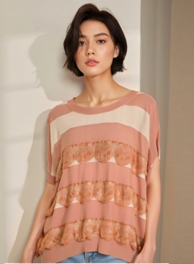 秋装帛逸低圆领直筒长袖条纹裸色蕾丝拼接套头文艺打底针织衫毛衫