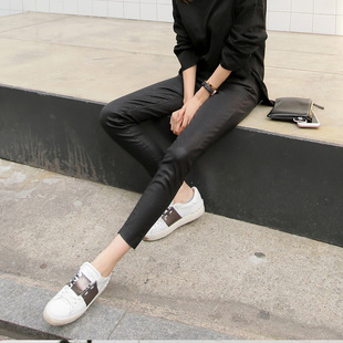 韩国2025秋冬高腰涂层牛仔裤女九分裤修身毛边小脚裤外穿哑光皮裤