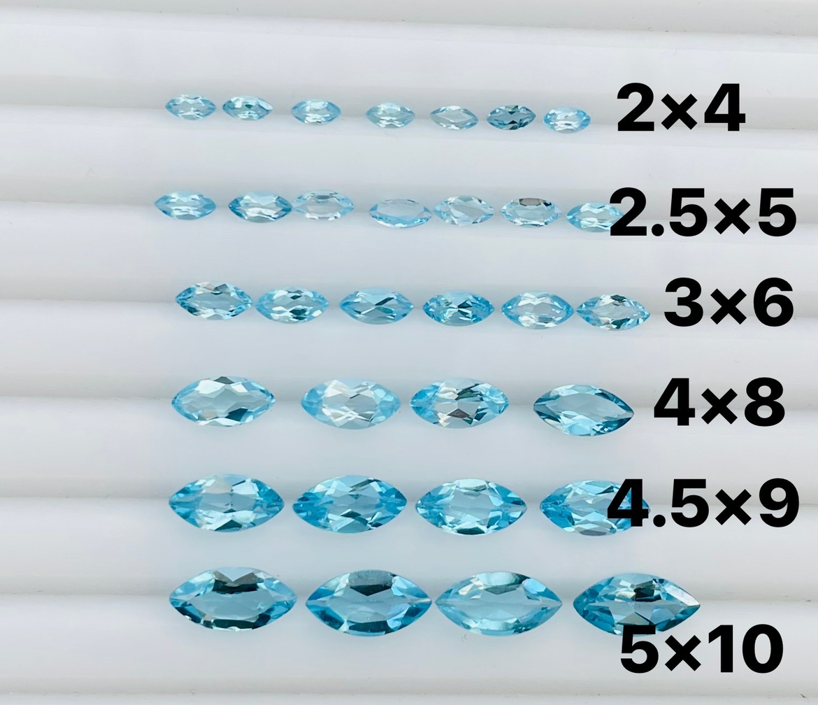 天然原石彩色宝石VVS瑞士蓝托帕石裸石戒面2*4-9*18MM马眼形配石