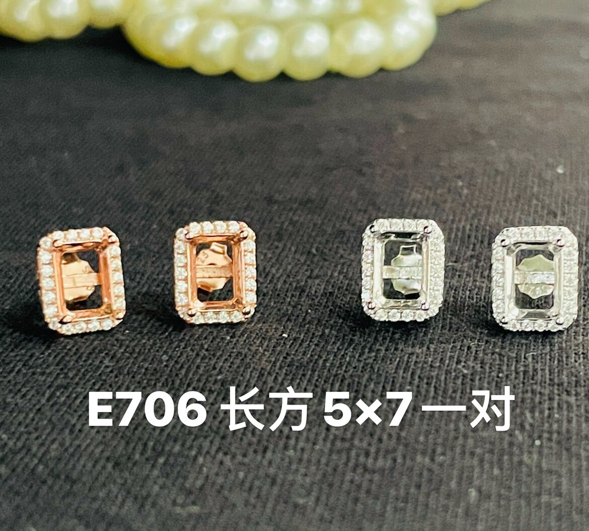 DIY配件S925纯银锆钻款耳钉空托长方5*7MM宝石裸石戒面半成品镶嵌