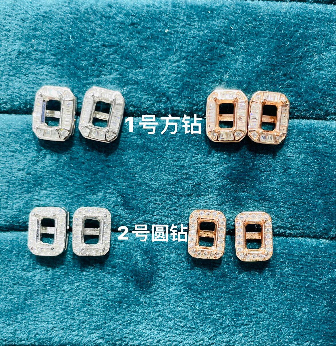 DIY配件S925纯银锆钻款耳钉空托长方4*6MM宝石水晶玉石半成品镶嵌