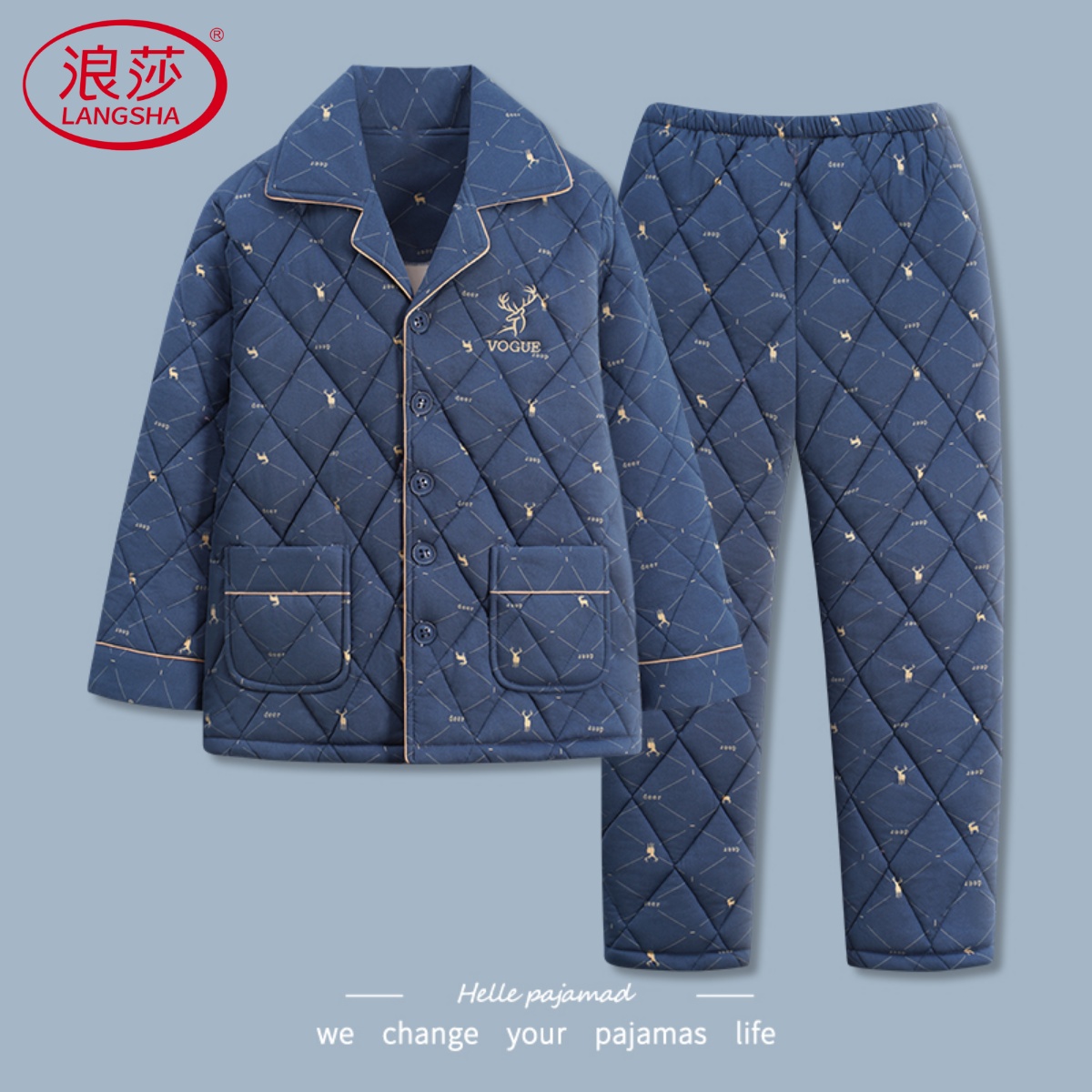 浪莎睡衣男士冬季纯棉针织夹棉袄三层加厚保暖全棉开衫家居服套装