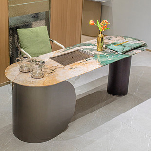 意式极简天然大理石高档别墅大平层百达翡翠奢石茶台大户型茶桌