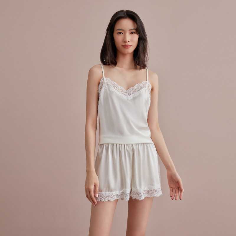 真丝睡衣女新款性感蕾丝吊带短裤桑蚕丝夏季冰丝家居服套装