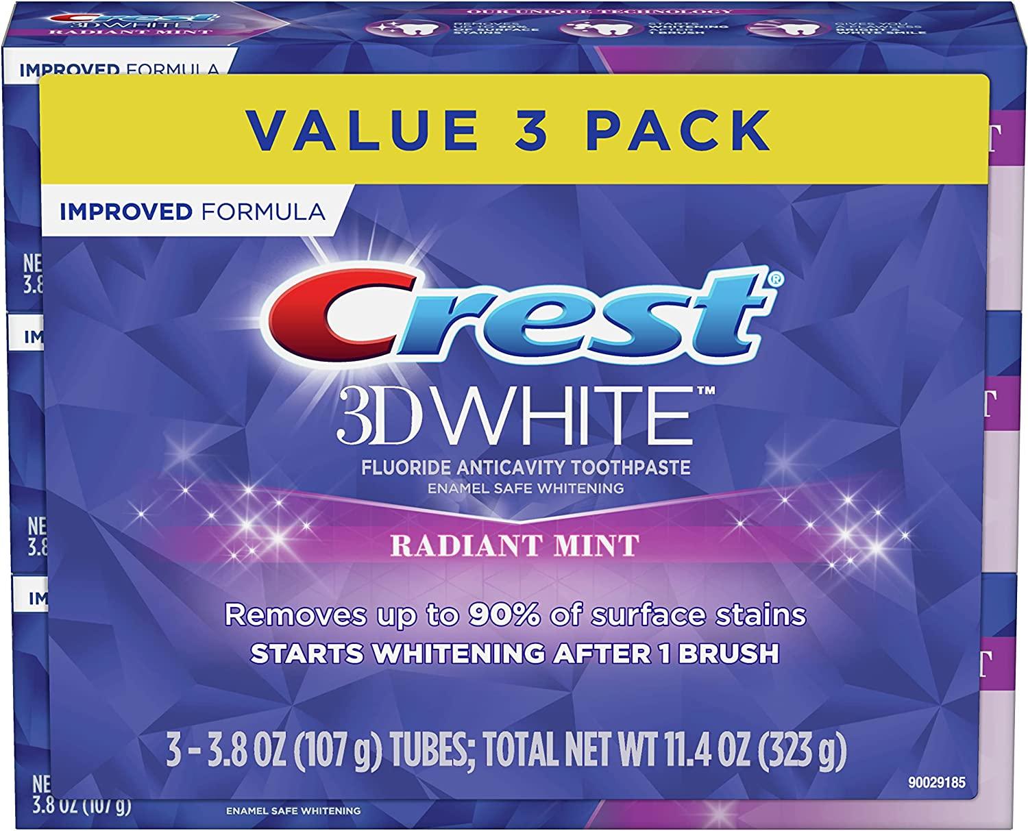 Crest 3D White Toothpaste Radiant Mint, 3.8 Oz (Pack of 3)