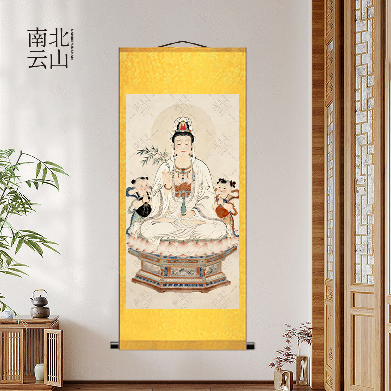 观音画像金童玉女善财龙女国画观音菩萨白衣观音挂画纳福玄关装饰
