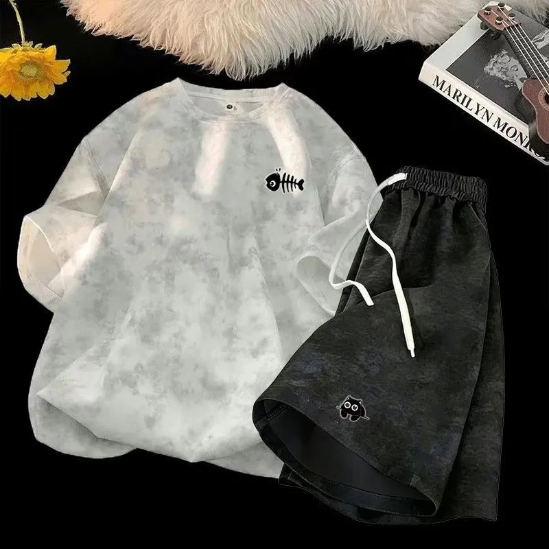 夏季男青少年短袖扎染运动套装