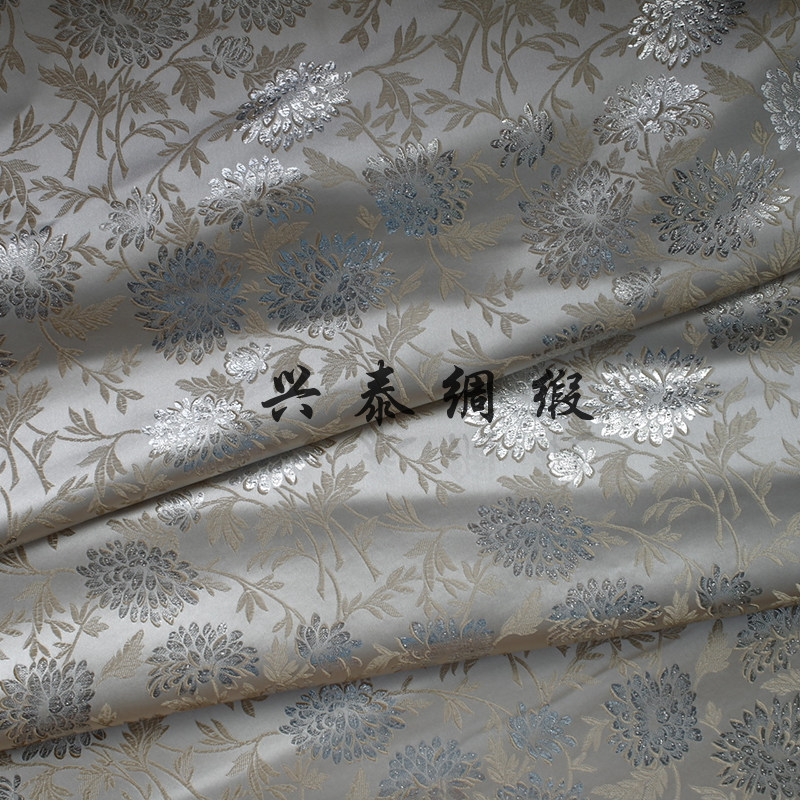 织锦缎布料 唐装旗袍连衣裙浅色提花真丝丝绸绸缎面料 香槟色银丝