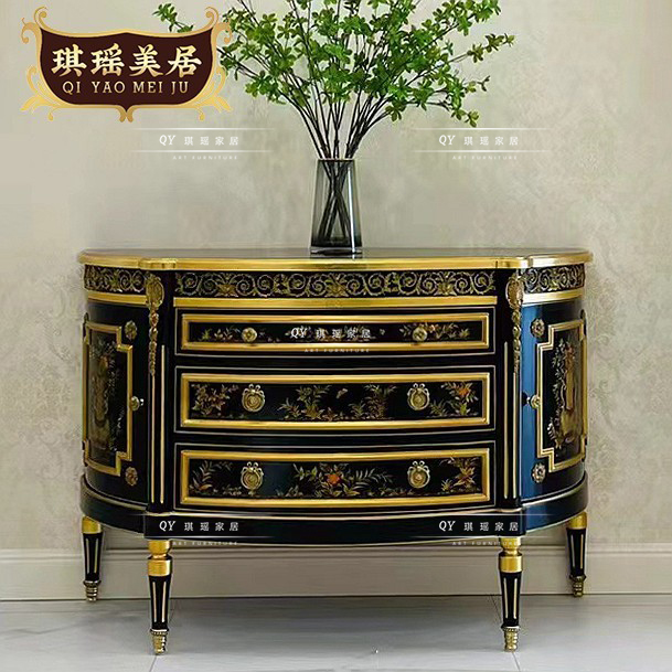 法式古典玄关柜欧式黑色半圆手绘装饰柜别墅奢华实木入户门厅柜