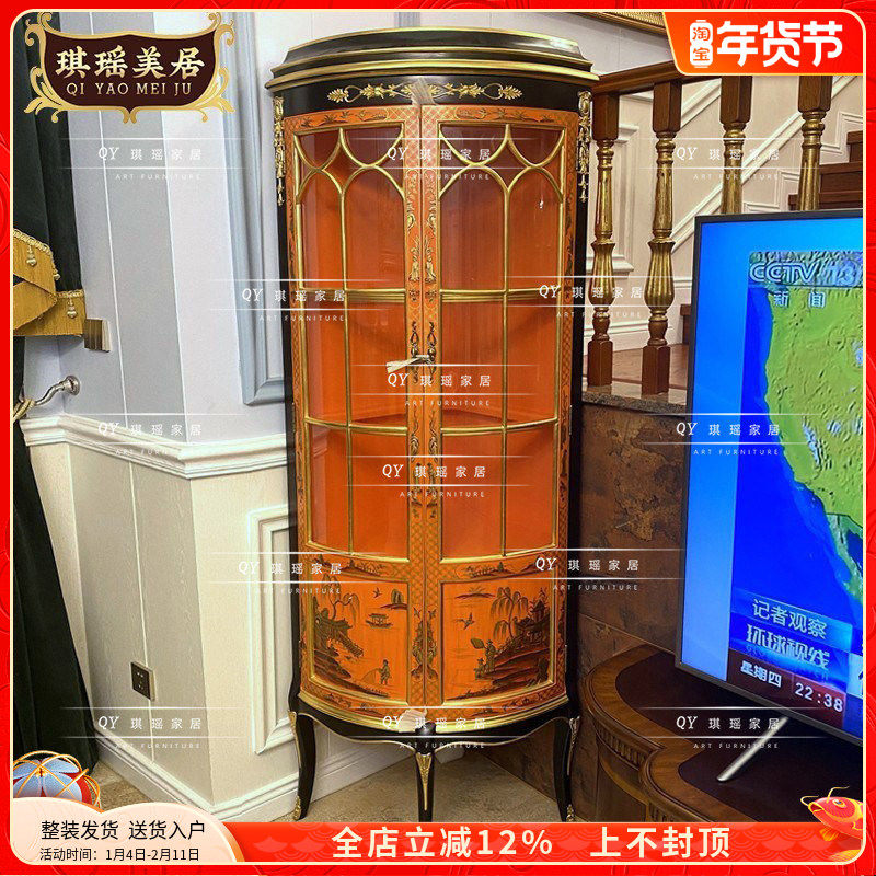 古典手绘墙角酒柜法式橙色带灯玻璃三角饰物柜欧式复古别墅展示柜