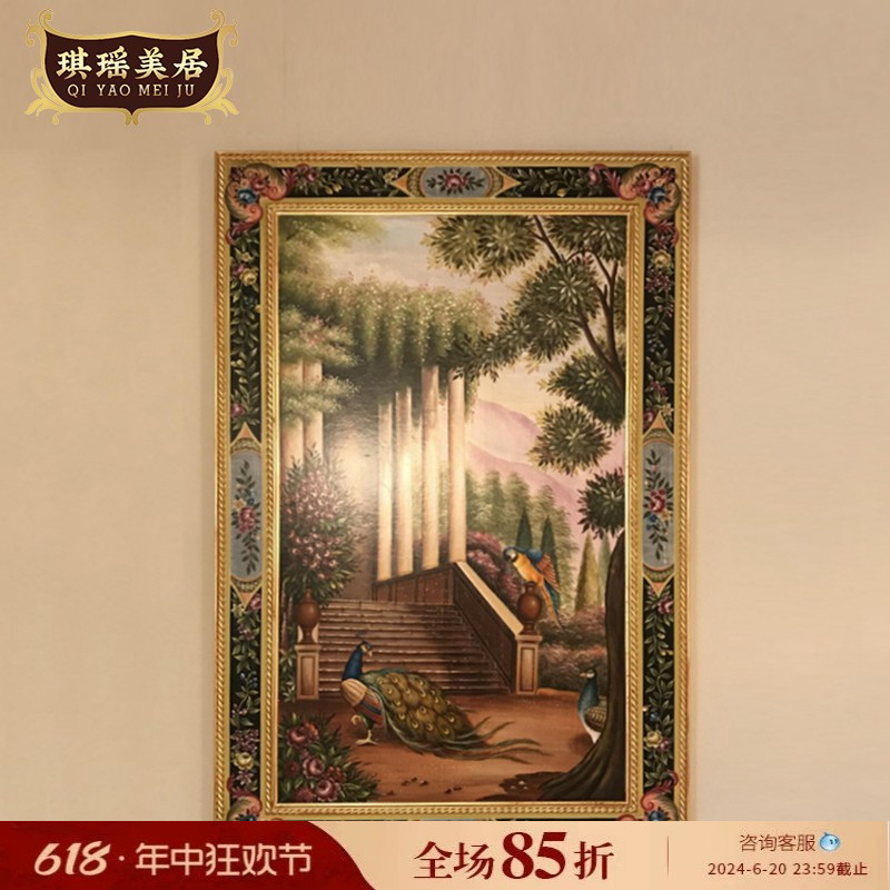 欧式奢华金箔手绘孔雀木版画法式玄关装饰画别墅走廊竖版挂画图片