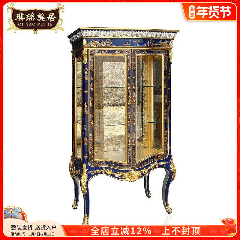 新古典奢华彩绘展示高柜法式宫廷实木双门酒柜餐厅带灯玻璃酒柜