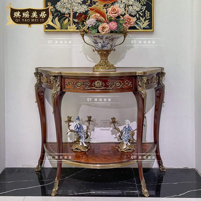 琪瑶家居英式奢华半圆玄关台实木镶铜木皮拼花别墅客厅装饰玄关桌