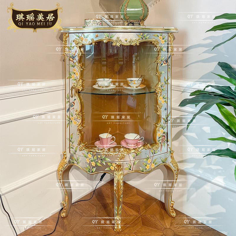 法式别墅墙角装饰柜古典银箔手绘酒柜实木玻璃展示矮柜收藏陈列柜