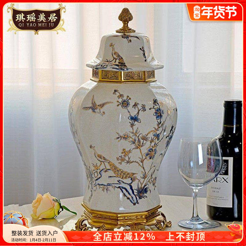 美式别墅客厅入户玄关摆件新中式青花陶瓷配铜将军罐欧式大肚盖坛,家居饰品,储物罐,淘宝优惠券,粉丝福利购,淘宝优惠卷