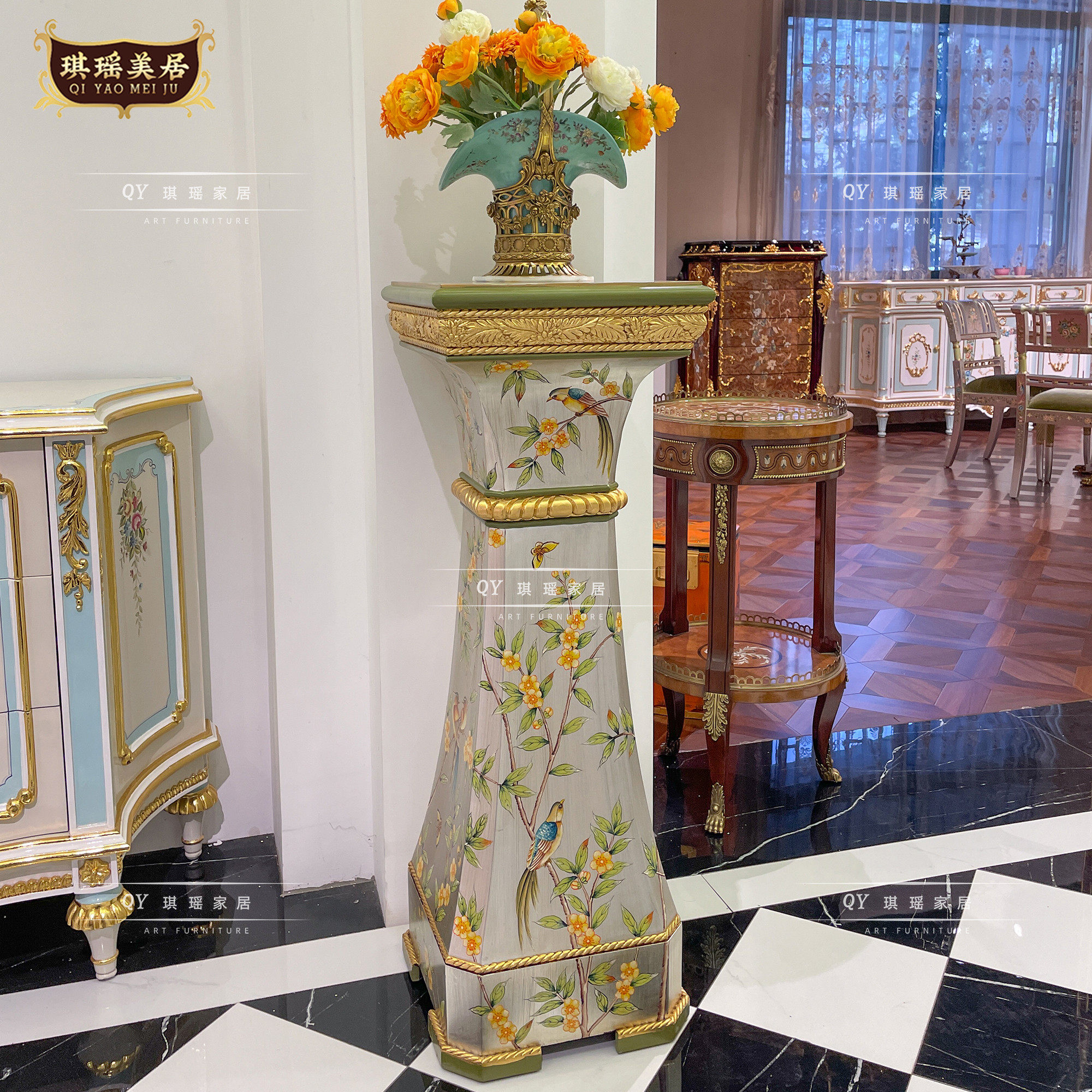 琪瑶家居法式奢华金银箔手绘花鸟装饰花架欧式客厅落地花几