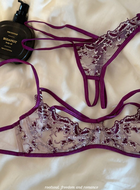 濡溯紫色迷情蕾丝网纱刺绣文胸套装T裤开裆内衣超薄聚拢上托显小
