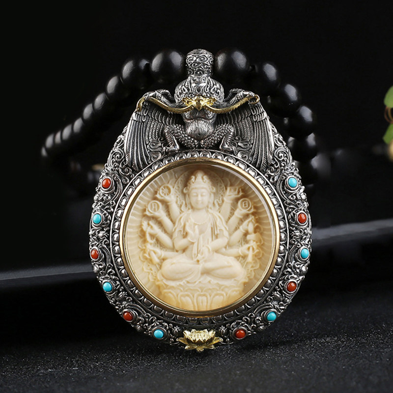 大鹏鸟唐卡本命佛吊坠纯银男士黑檀木松石南红随身个性国潮鼠年