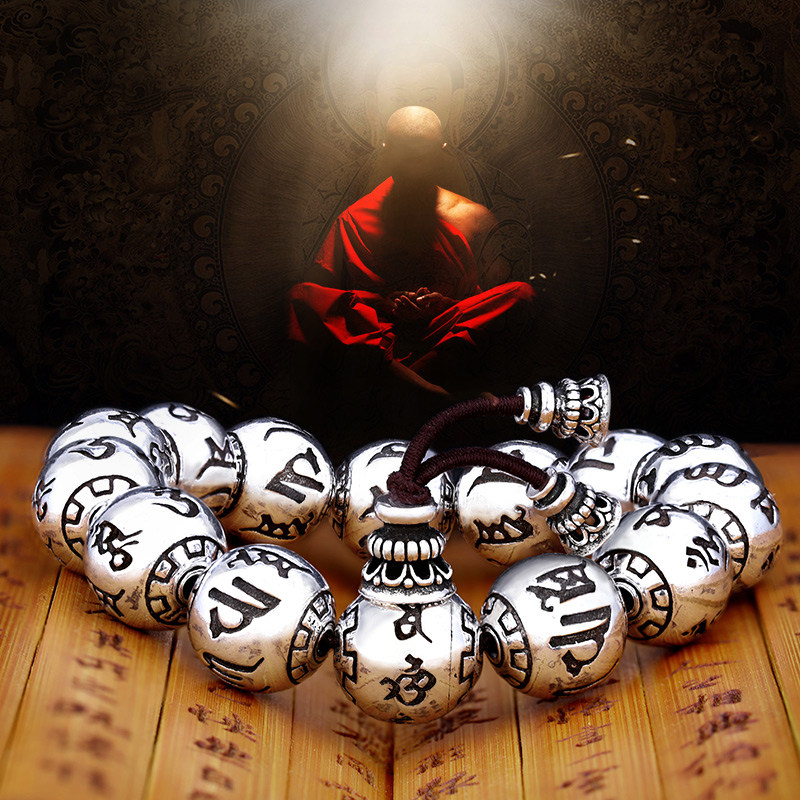 镂心银饰本命佛国风佛珠纯银手串复古圆珠泰银男士手链送男友礼物