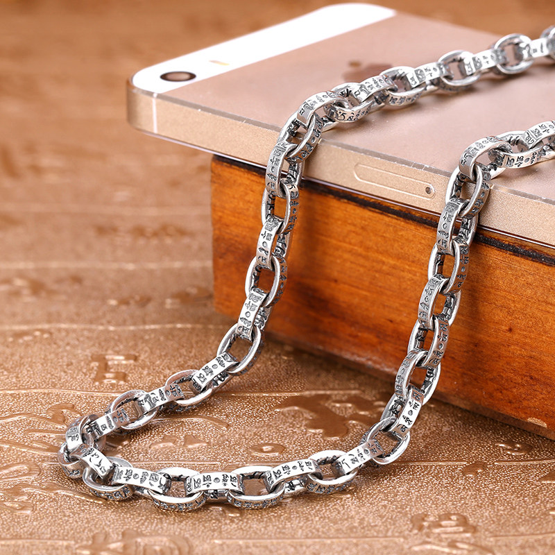 手工吊坠百搭潮男六字真言项链纯银男士复古个性简约高级感长链款