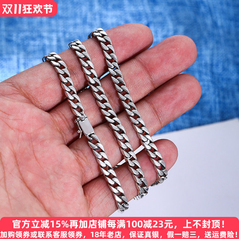 4毫米5mm纯银古巴项链男士细款个性潮人女款时尚马鞭链百搭大方花