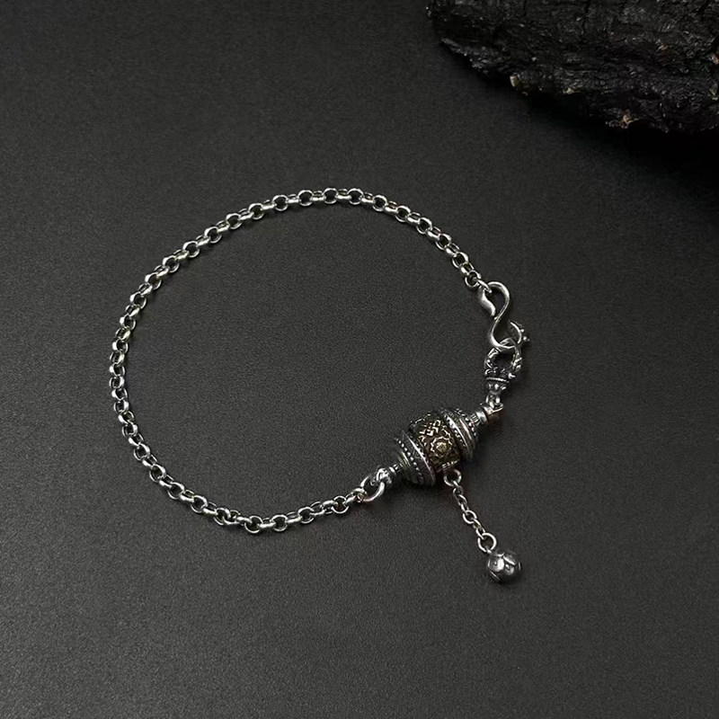s925银佛八宝转动筒手链纯银男女2024年新款复古o字环环相扣银饰