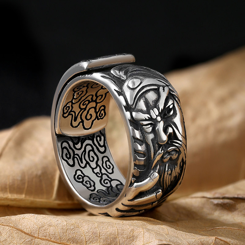 泰银复古霸气关公戒指纯银男士武财神指环活口可调节潮男个性银饰