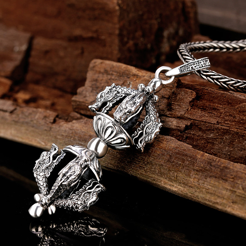 镂心银饰 蟠龙金刚杵纯银吊坠男士项链泰银复古项坠潮人个性925银