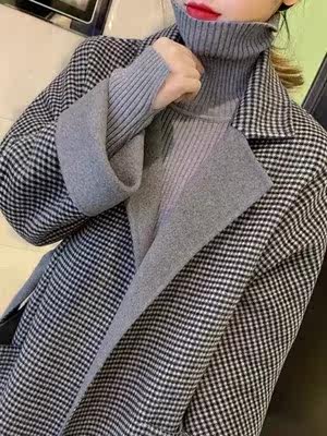 毛呢仿羊绒中长款千鸟格双面