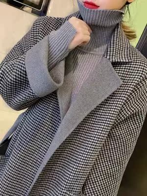 毛呢仿羊绒中长款千鸟格双面