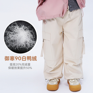 儿童羽绒裤男女滑雪裤内胆可拆中大童冬季加厚防水工装裤90白鸭绒