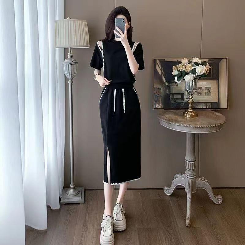 欧货黑色时尚套装裙女夏季露肩减龄洋气休闲运动短袖半身裙两件套