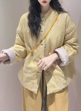 2025秋冬新款复古国风棉麻提花盘扣双面穿棉衣女宽松舒适棉服外套