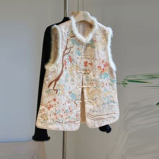 新中式印花马甲女立领盘扣毛边拼接背心外穿高级感薄棉款国风马夹