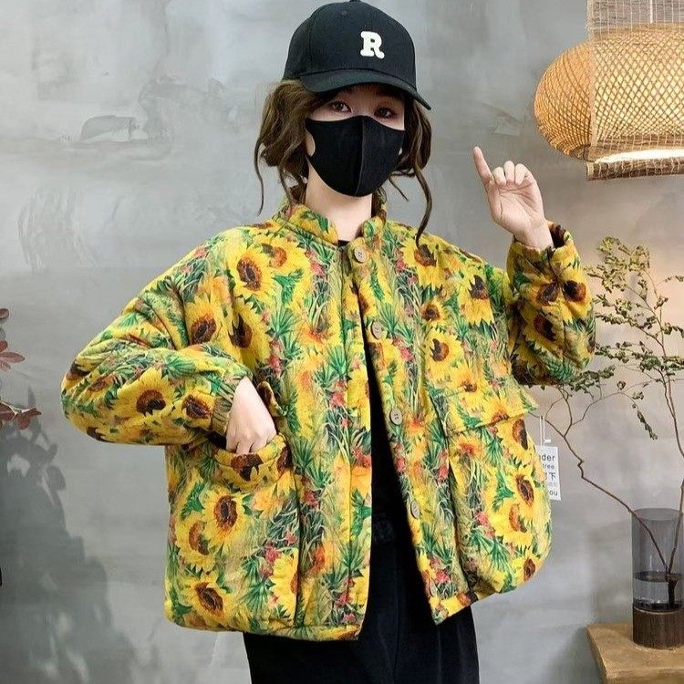 民族风向日葵加绒加厚立领棉衣女