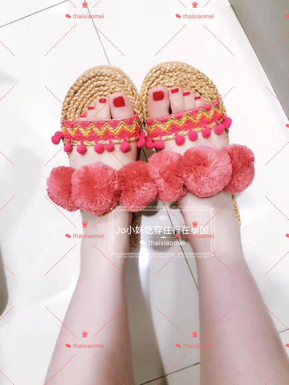 泰国代购 设计师DIY潮牌 彩色 毛球 草编 拖鞋 凉拖 可定制