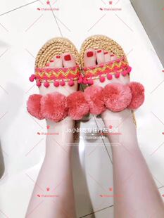 泰国代购 设计师DIY潮牌 彩色 毛球 草编 拖鞋 凉拖 可定制