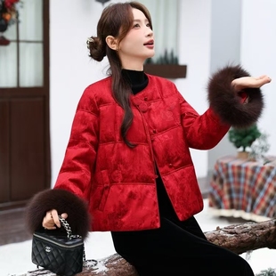 新中式红色国风羽绒棉服女款2025冬季新款提花高级感加棉保暖外套