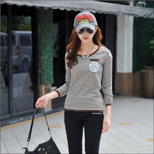 2016秋装新款女装条纹t恤女长袖修身纯棉风圆领海魂衫潮
