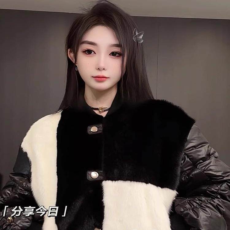 貂毛羽绒服女2026秋冬新款欧洲站女装拼色圆领单排扣外套长袖上衣