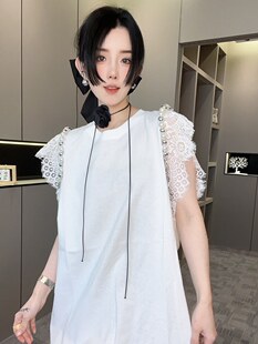 RR fashion 连衣裙女2024夏季新款重工珍珠纯色蕾丝边无袖背心裙