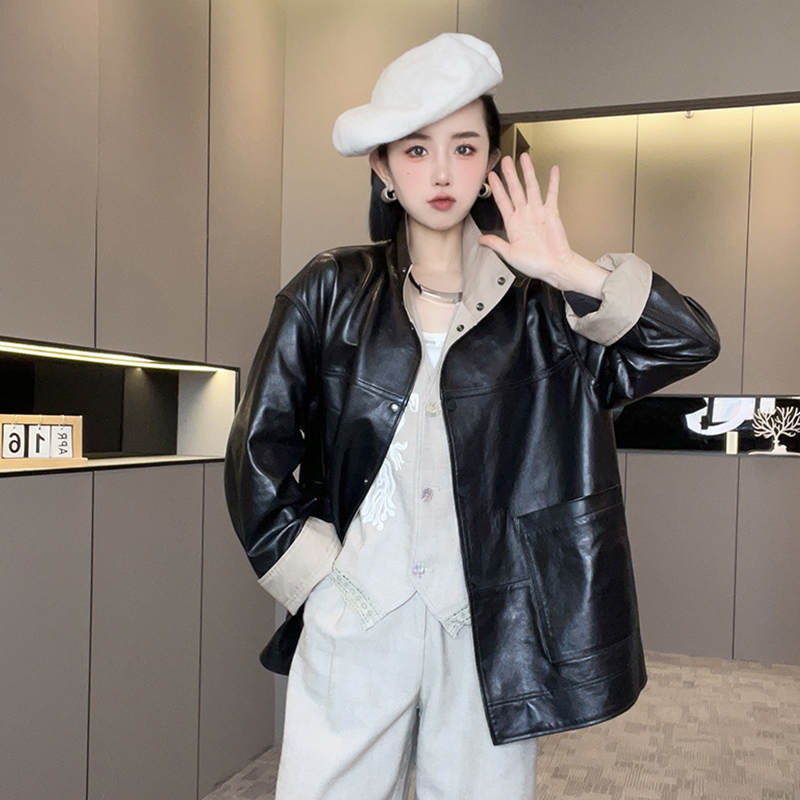 【现货】皮衣女2025春季新款绵羊皮长袖立领外套中长款长袖上衣