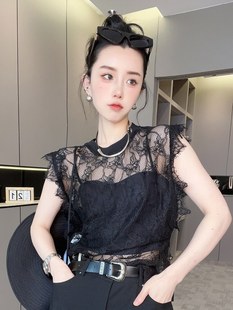 RR fashion 蕾丝衫女2024夏季新款法式微透视纯色无袖圆领上衣