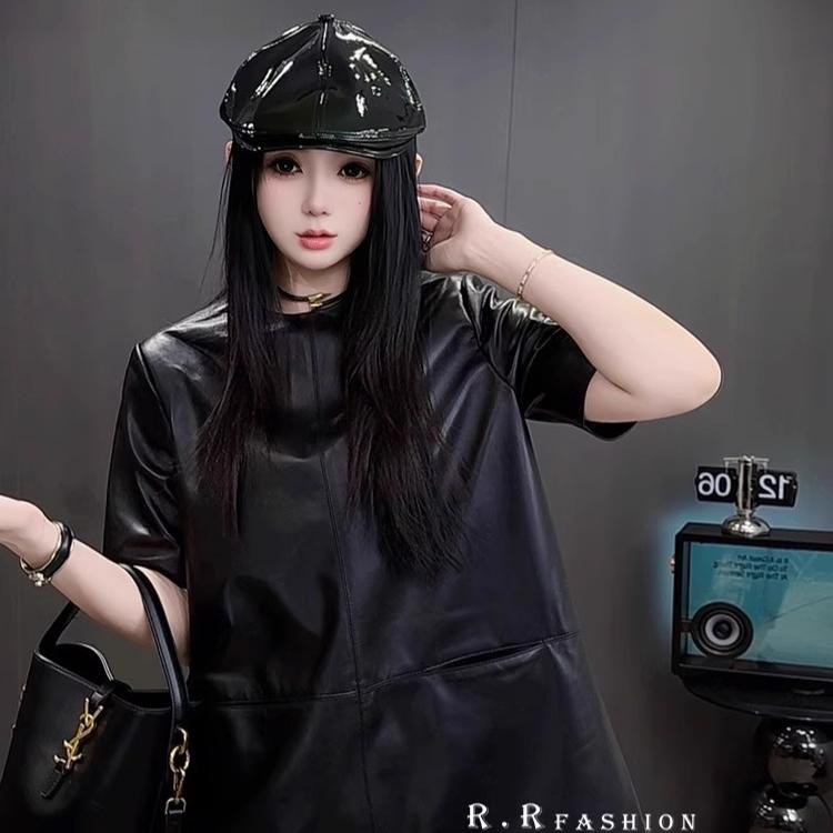 短袖皮裙女2025早春新款欧洲站女装圆领直筒真皮连衣裙纯色短裙