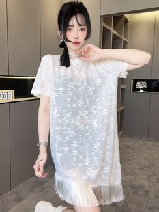 连衣裙女2024夏季 短袖 国风提花拼接下摆流苏裙子 fashion 新款