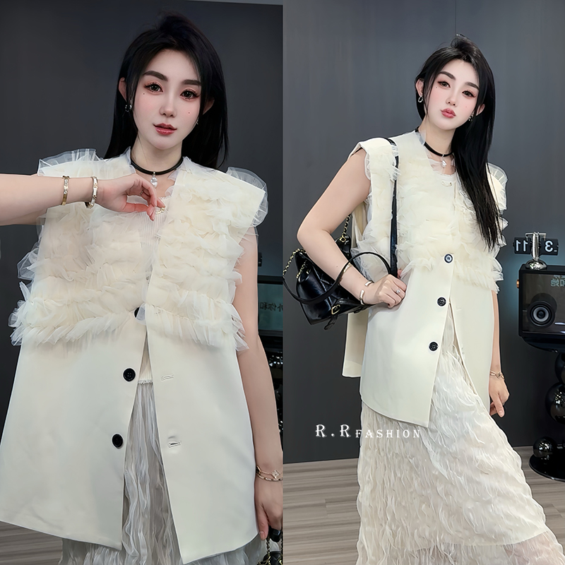 【现货】马甲女2024秋季网纱拼接中长款单排扣外套纯色无袖上衣