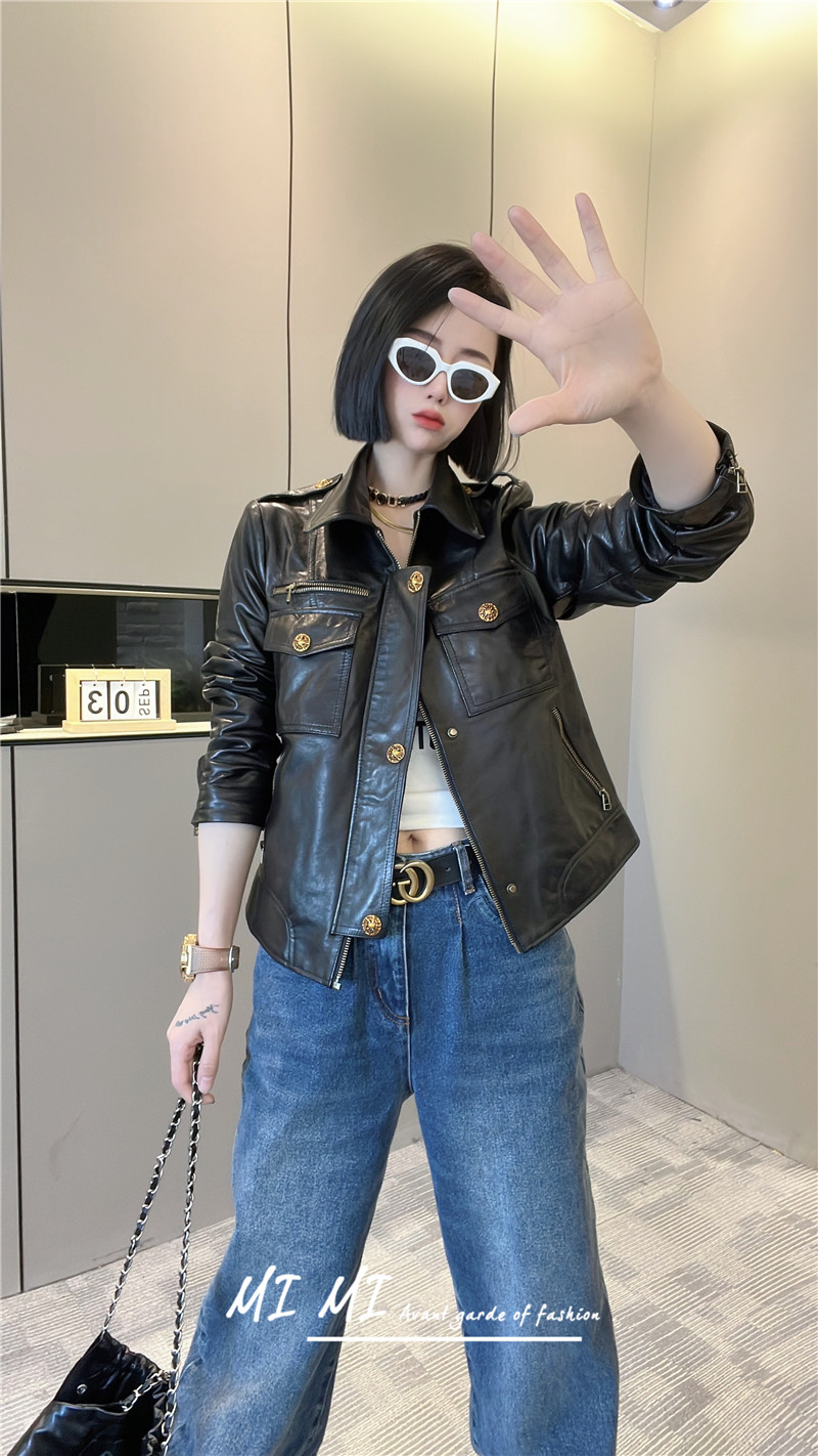 通勤短款polo领显瘦皮衣女