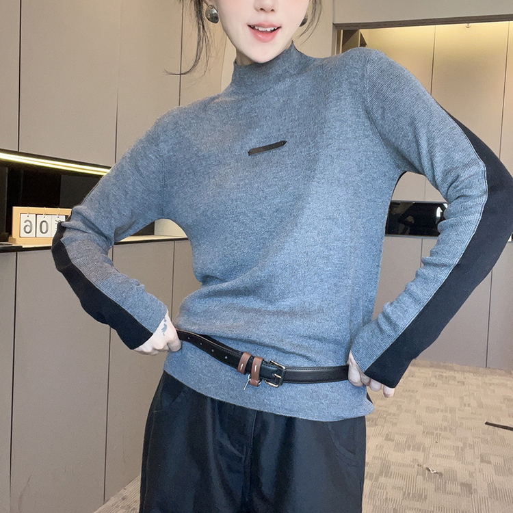 长袖针织衫女2025秋季新款欧洲站设计感撞色拼接腰带收腰高领上衣