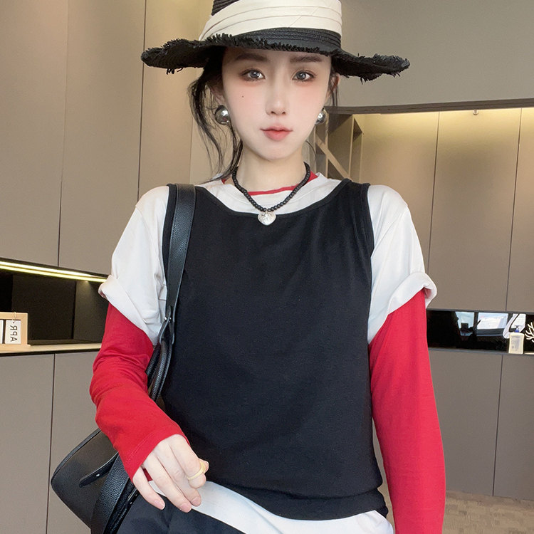 无袖背心长袖打底衫短袖T恤撞色上衣套装三件套女2025秋季新款