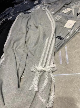 RR fshion 2024春季新款欧洲站卫裤女法式拼接蕾丝条纹高腰直筒裤